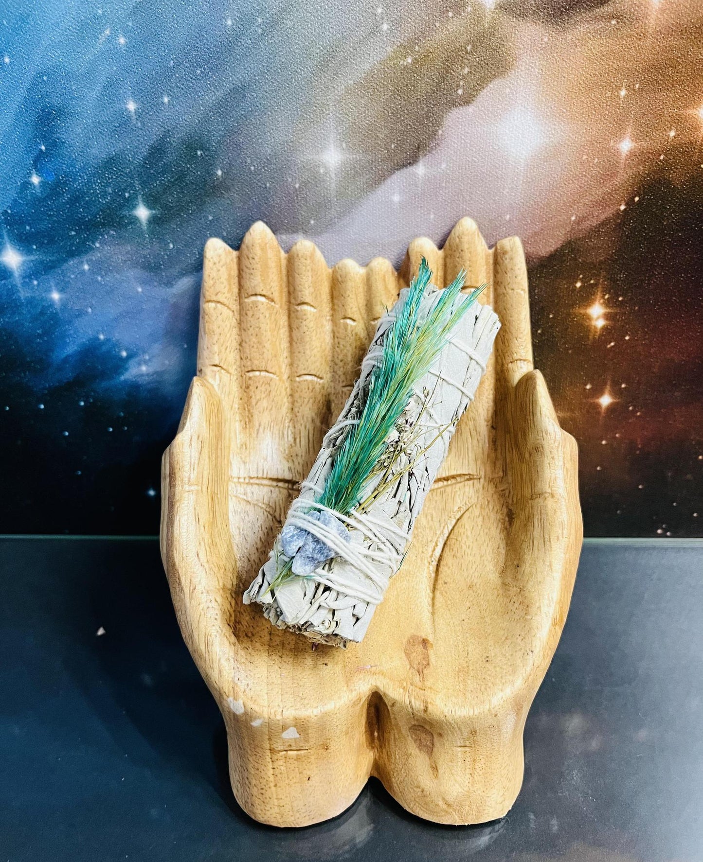 White Sage w/ Sodalite Crystal Stone & Floral Smudge Stick 4"