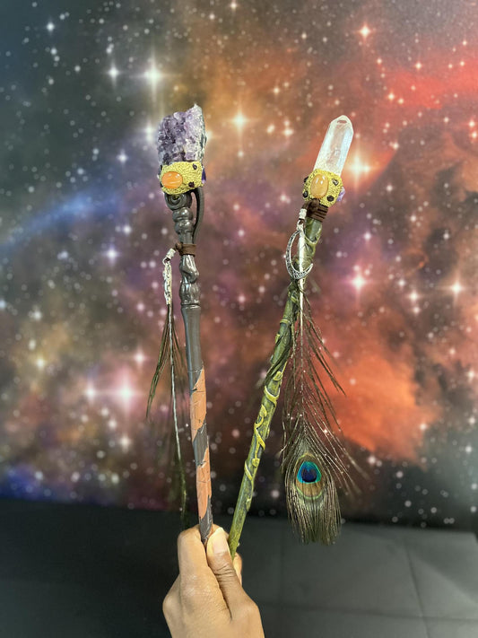 Gemstone & Peacock Feather Wand